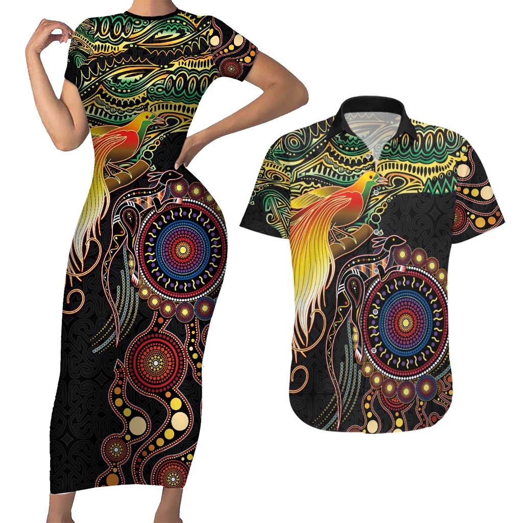 Papua New Guinea and Australia Together Couples Matching Short Sleeve Bodycon Dress and Hawaiian Shirt Bird of Paradise and Kangaroo Melanesian Aboriginal Motifs - Polynesian Pride