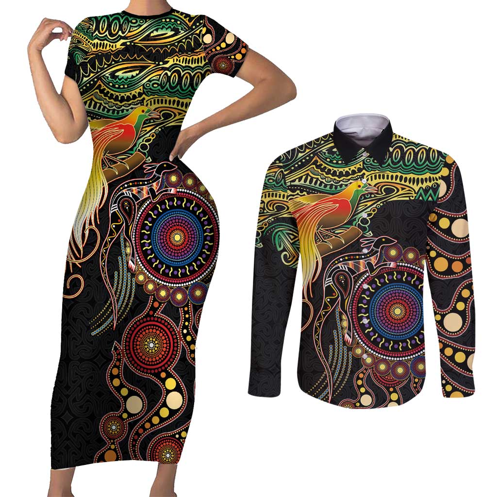 Papua New Guinea and Australia Together Couples Matching Short Sleeve Bodycon Dress and Long Sleeve Button Shirt Bird of Paradise and Kangaroo Melanesian Aboriginal Motifs - Polynesian Pride