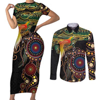 Papua New Guinea and Australia Together Couples Matching Short Sleeve Bodycon Dress and Long Sleeve Button Shirt Bird of Paradise and Kangaroo Melanesian Aboriginal Motifs - Polynesian Pride