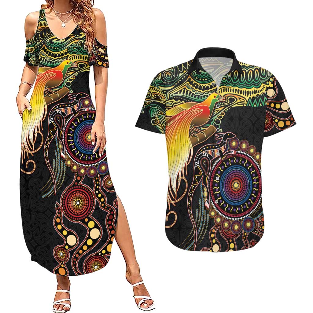 Papua New Guinea and Australia Together Couples Matching Summer Maxi Dress and Hawaiian Shirt Bird of Paradise and Kangaroo Melanesian Aboriginal Motifs - Polynesian Pride