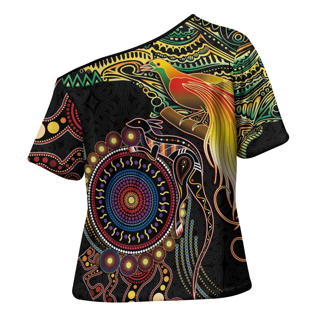 Papua New Guinea and Australia Together Cross Shoulder Shirt Bird of Paradise and Kangaroo Melanesian Aboriginal Motifs - Polynesian Pride