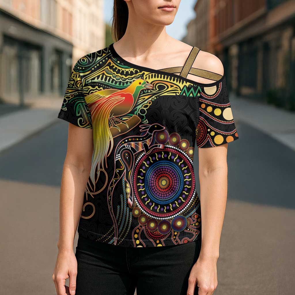 Papua New Guinea and Australia Together Cross Shoulder Shirt Bird of Paradise and Kangaroo Melanesian Aboriginal Motifs - Polynesian Pride