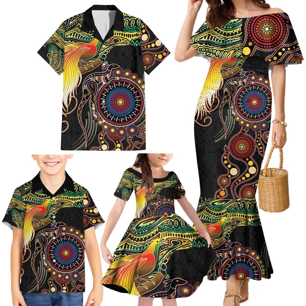 Papua New Guinea and Australia Together Family Matching Mermaid Dress and Hawaiian Shirt Bird of Paradise and Kangaroo Melanesian Aboriginal Motifs - Polynesian Pride