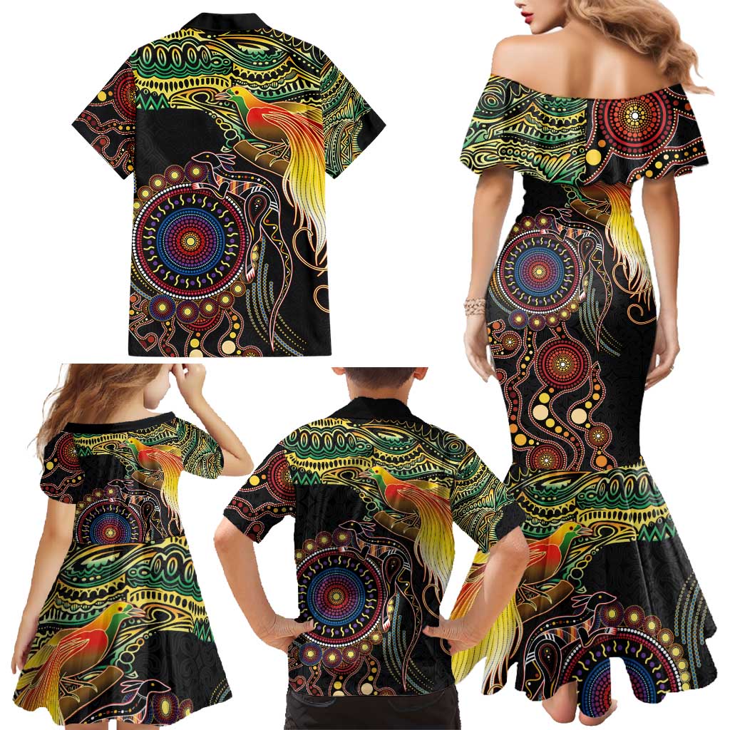 Papua New Guinea and Australia Together Family Matching Mermaid Dress and Hawaiian Shirt Bird of Paradise and Kangaroo Melanesian Aboriginal Motifs - Polynesian Pride