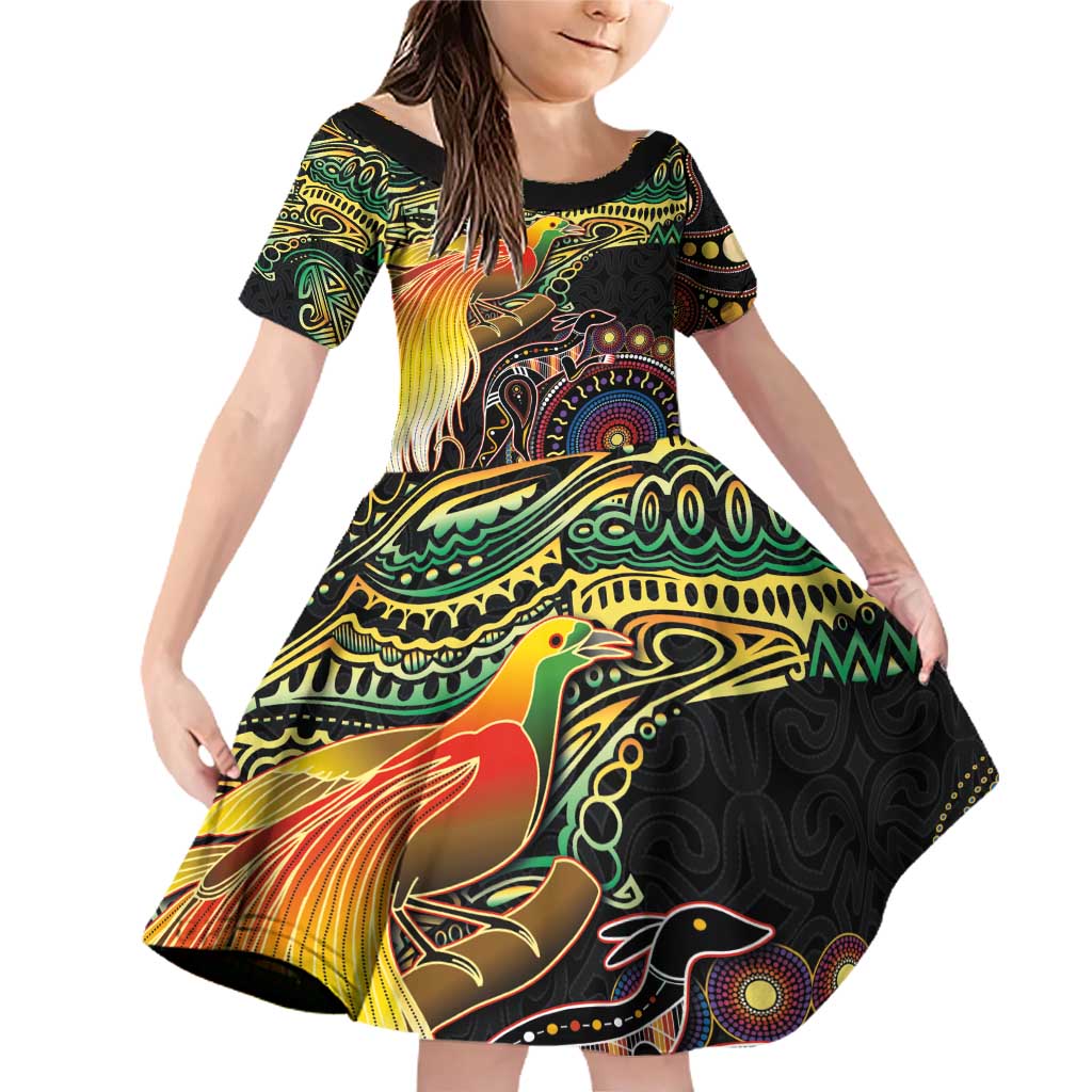 Papua New Guinea and Australia Together Family Matching Off Shoulder Short Dress and Hawaiian Shirt Bird of Paradise and Kangaroo Melanesian Aboriginal Motifs - Polynesian Pride