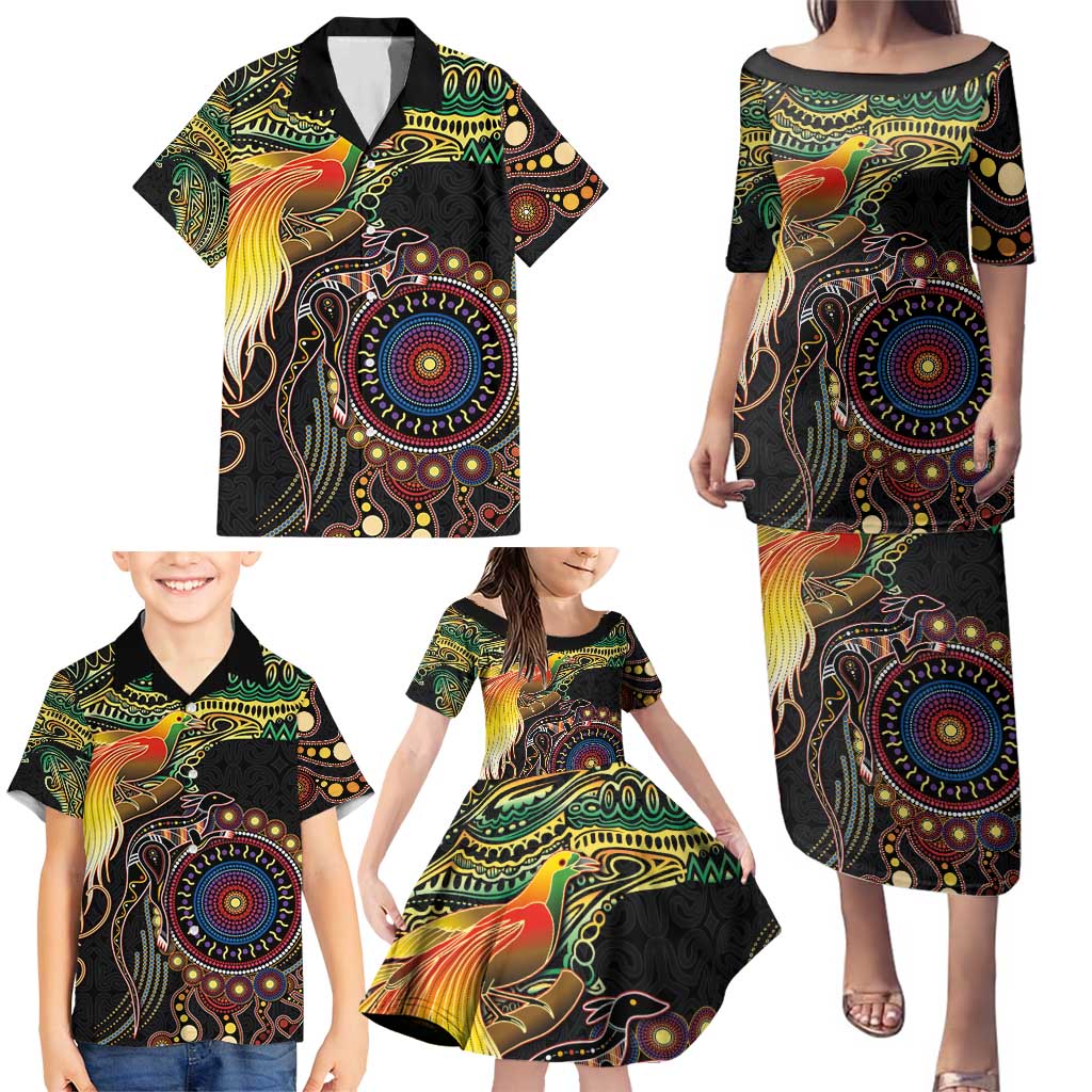 Papua New Guinea and Australia Together Family Matching Puletasi and Hawaiian Shirt Bird of Paradise and Kangaroo Melanesian Aboriginal Motifs - Polynesian Pride