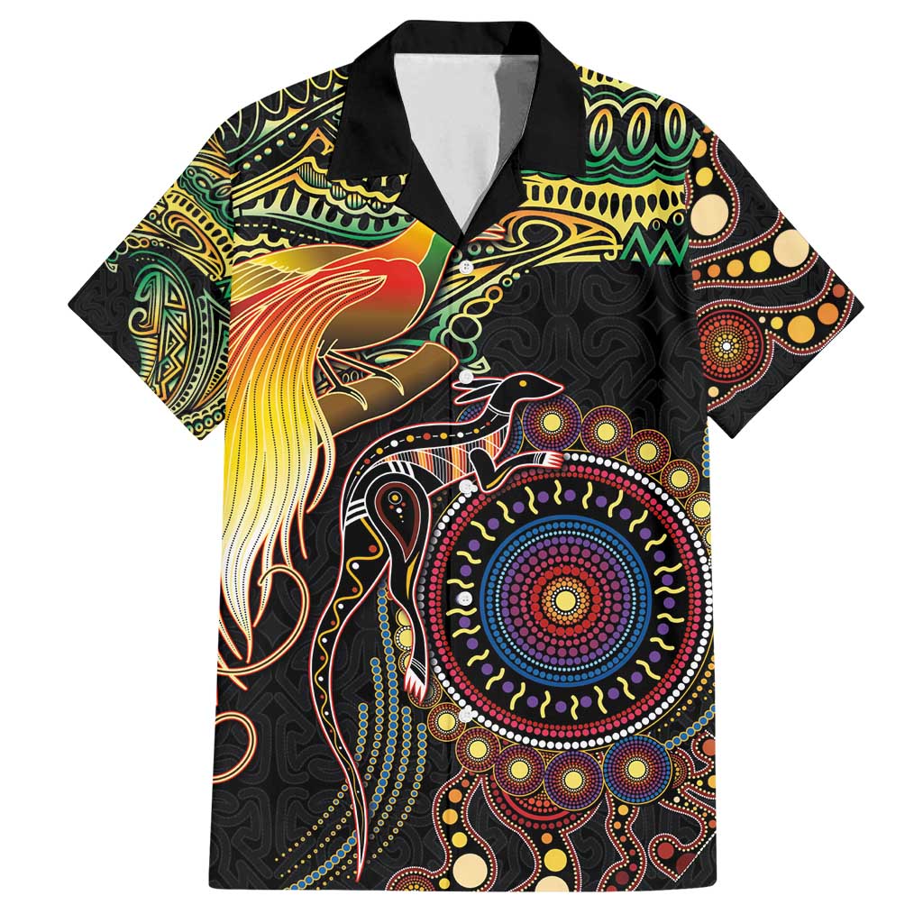 Papua New Guinea and Australia Together Family Matching Summer Maxi Dress and Hawaiian Shirt Bird of Paradise and Kangaroo Melanesian Aboriginal Motifs - Polynesian Pride