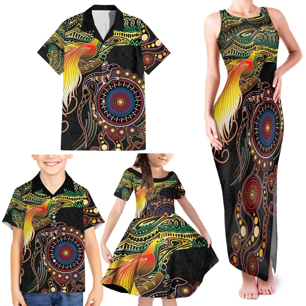 Papua New Guinea and Australia Together Family Matching Tank Maxi Dress and Hawaiian Shirt Bird of Paradise and Kangaroo Melanesian Aboriginal Motifs - Polynesian Pride