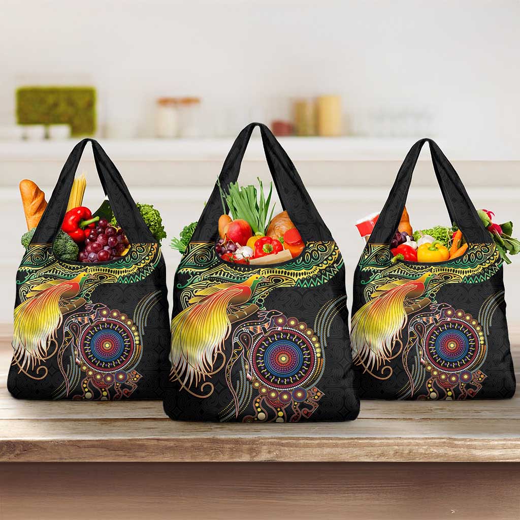 Papua New Guinea and Australia Together Grocery Bag Bird of Paradise and Kangaroo Melanesian Aboriginal Motifs - Polynesian Pride