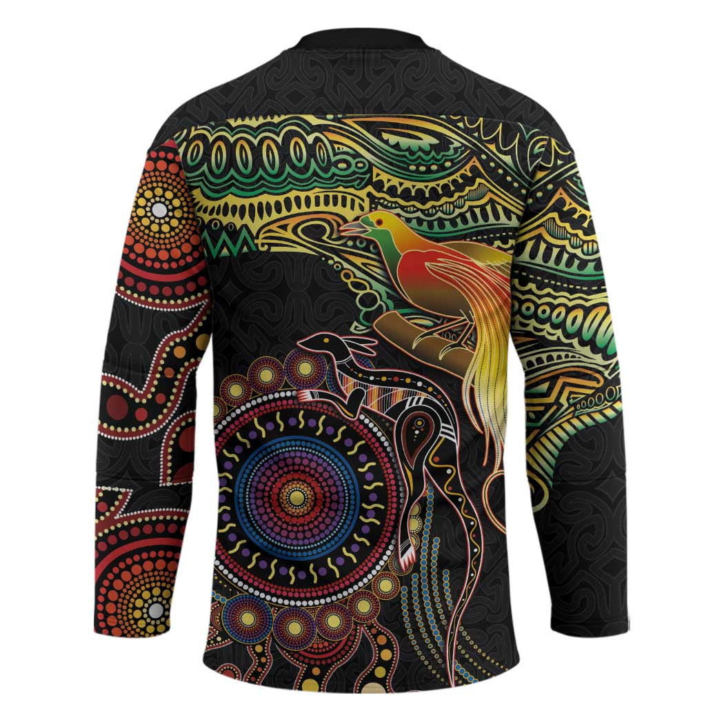 Papua New Guinea and Australia Together Hockey Jersey Bird of Paradise and Kangaroo Melanesian Aboriginal Motifs - Polynesian Pride
