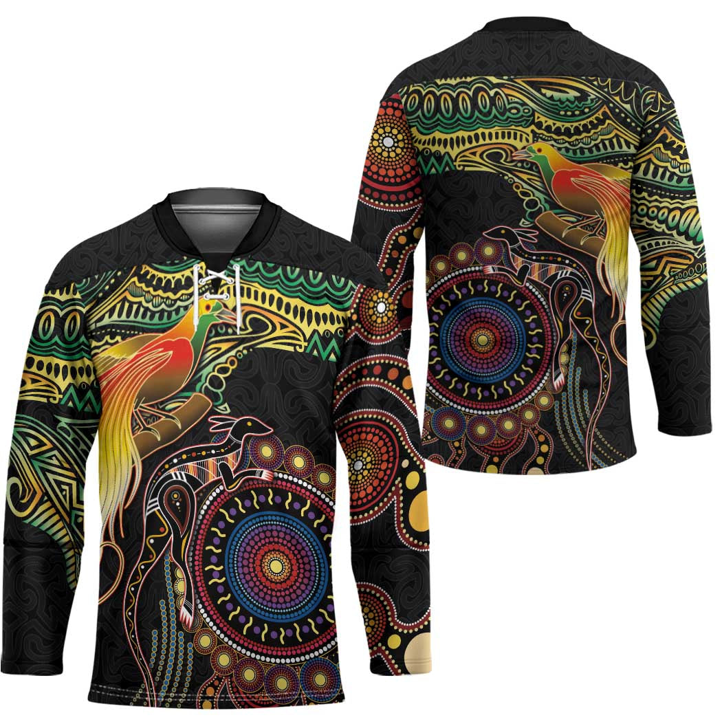 Papua New Guinea and Australia Together Hockey Jersey Bird of Paradise and Kangaroo Melanesian Aboriginal Motifs - Polynesian Pride