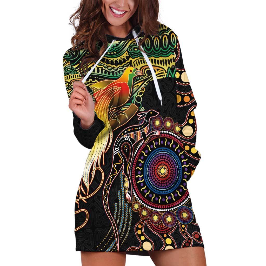 Papua New Guinea and Australia Together Hoodie Dress Bird of Paradise and Kangaroo Melanesian Aboriginal Motifs - Polynesian Pride