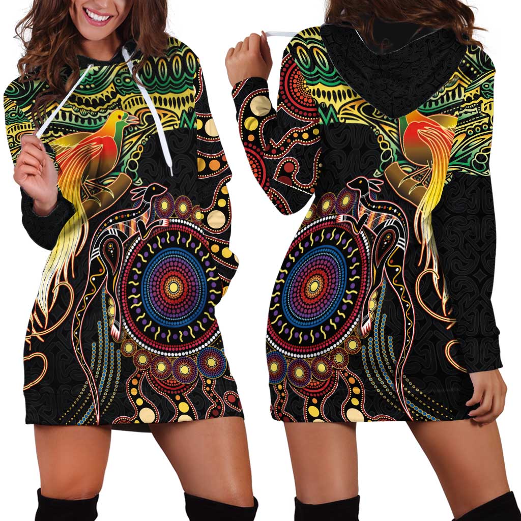 Papua New Guinea and Australia Together Hoodie Dress Bird of Paradise and Kangaroo Melanesian Aboriginal Motifs - Polynesian Pride