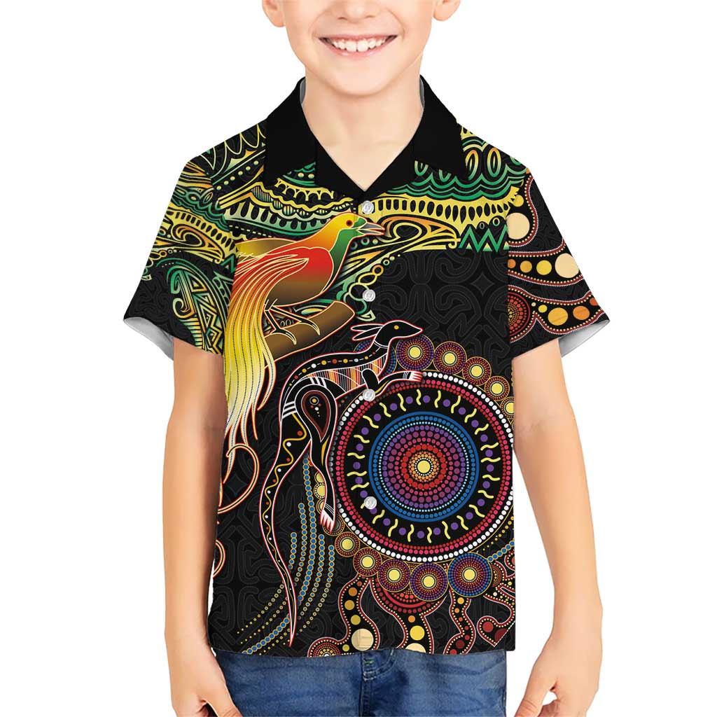 Papua New Guinea and Australia Together Kid Hawaiian Shirt Bird of Paradise and Kangaroo Melanesian Aboriginal Motifs - Polynesian Pride