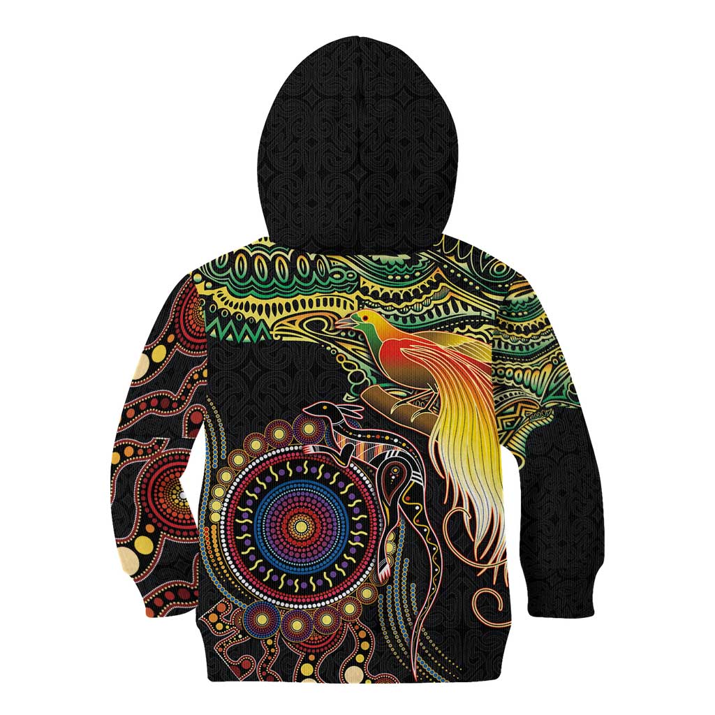 Papua New Guinea and Australia Together Kid Hoodie Bird of Paradise and Kangaroo Melanesian Aboriginal Motifs - Polynesian Pride