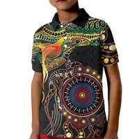 Papua New Guinea and Australia Together Kid Polo Shirt Bird of Paradise and Kangaroo Melanesian Aboriginal Motifs - Polynesian Pride