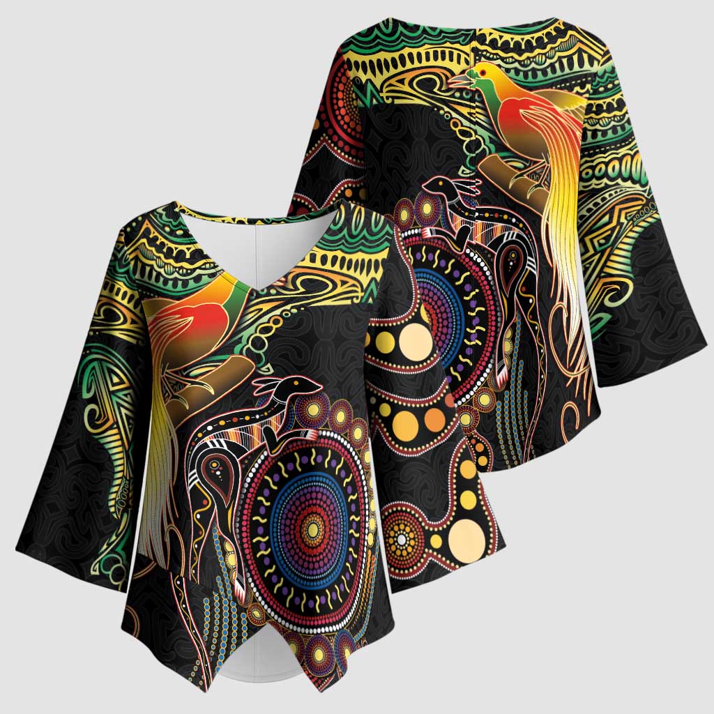 Papua New Guinea and Australia Together Kimono Sleeve Blouse Bird of Paradise and Kangaroo Melanesian Aboriginal Motifs - Polynesian Pride