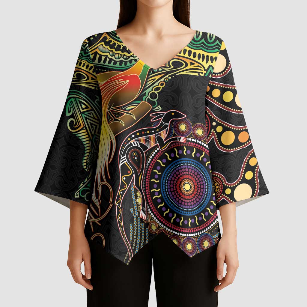 Papua New Guinea and Australia Together Kimono Sleeve Blouse Bird of Paradise and Kangaroo Melanesian Aboriginal Motifs - Polynesian Pride