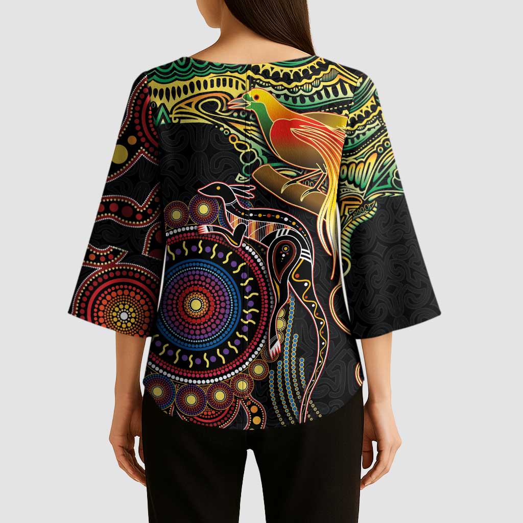 Papua New Guinea and Australia Together Kimono Sleeve Blouse Bird of Paradise and Kangaroo Melanesian Aboriginal Motifs - Polynesian Pride