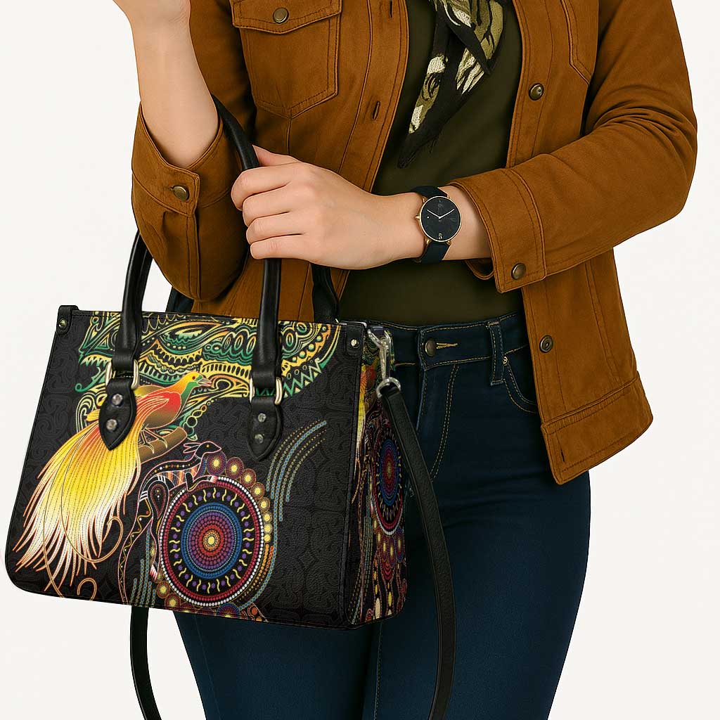 Papua New Guinea and Australia Together Leather Bag Bird of Paradise and Kangaroo Melanesian Aboriginal Motifs - Polynesian Pride
