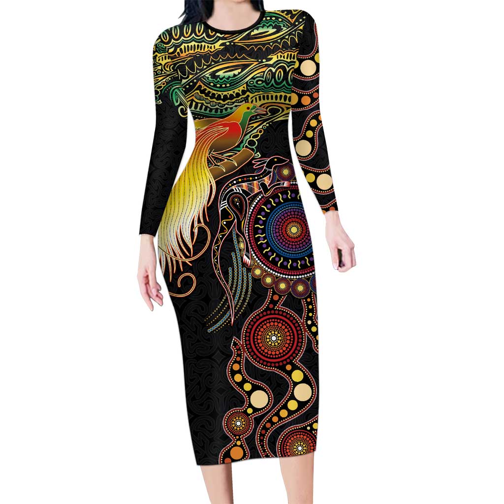 Papua New Guinea and Australia Together Long Sleeve Bodycon Dress Bird of Paradise and Kangaroo Melanesian Aboriginal Motifs - Polynesian Pride