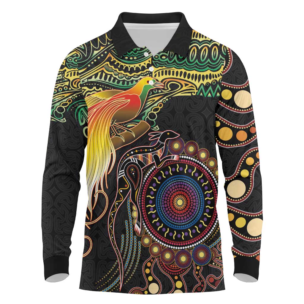 Papua New Guinea and Australia Together Long Sleeve Polo Shirt Bird of Paradise and Kangaroo Melanesian Aboriginal Motifs - Polynesian Pride