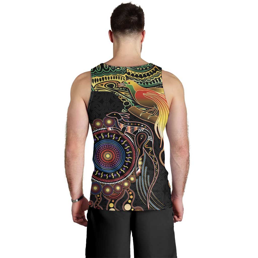 Papua New Guinea and Australia Together Men Tank Top Bird of Paradise and Kangaroo Melanesian Aboriginal Motifs - Polynesian Pride
