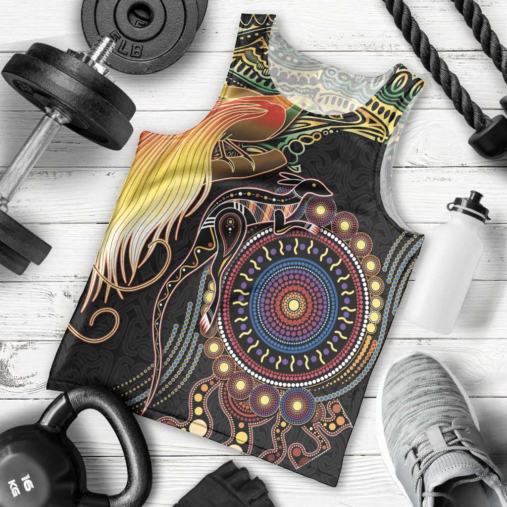 Papua New Guinea and Australia Together Men Tank Top Bird of Paradise and Kangaroo Melanesian Aboriginal Motifs - Polynesian Pride