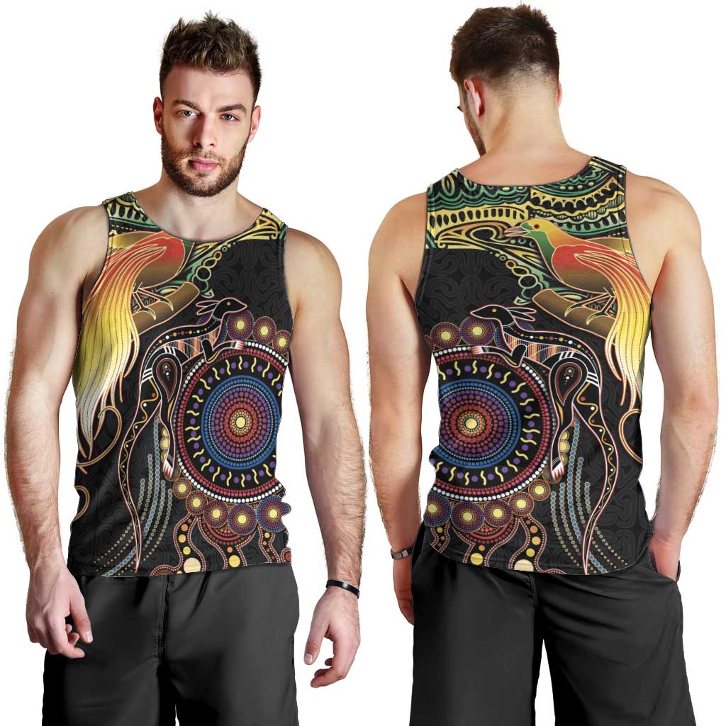Papua New Guinea and Australia Together Men Tank Top Bird of Paradise and Kangaroo Melanesian Aboriginal Motifs - Polynesian Pride