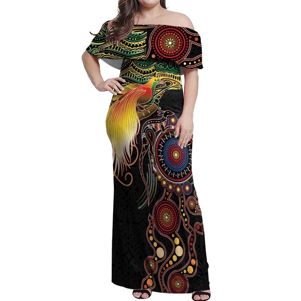 Papua New Guinea and Australia Together Off Shoulder Maxi Dress Bird of Paradise and Kangaroo Melanesian Aboriginal Motifs - Polynesian Pride