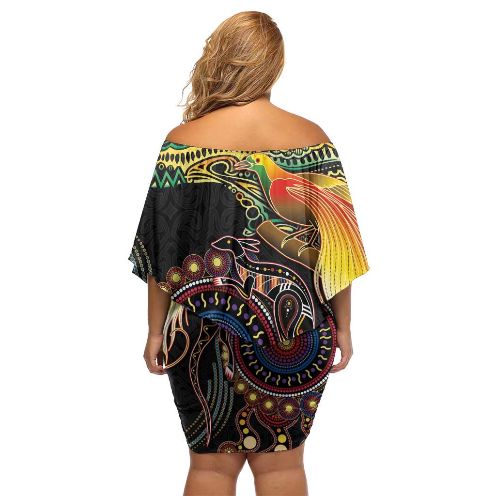 Papua New Guinea and Australia Together Off Shoulder Short Dress Bird of Paradise and Kangaroo Melanesian Aboriginal Motifs - Polynesian Pride