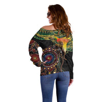 Papua New Guinea and Australia Together Off Shoulder Sweater Bird of Paradise and Kangaroo Melanesian Aboriginal Motifs - Polynesian Pride