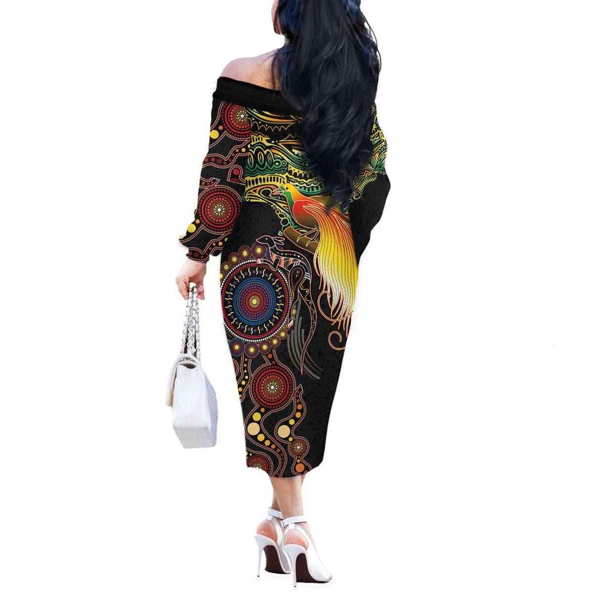 Papua New Guinea and Australia Together Off The Shoulder Long Sleeve Dress Bird of Paradise and Kangaroo Melanesian Aboriginal Motifs - Polynesian Pride
