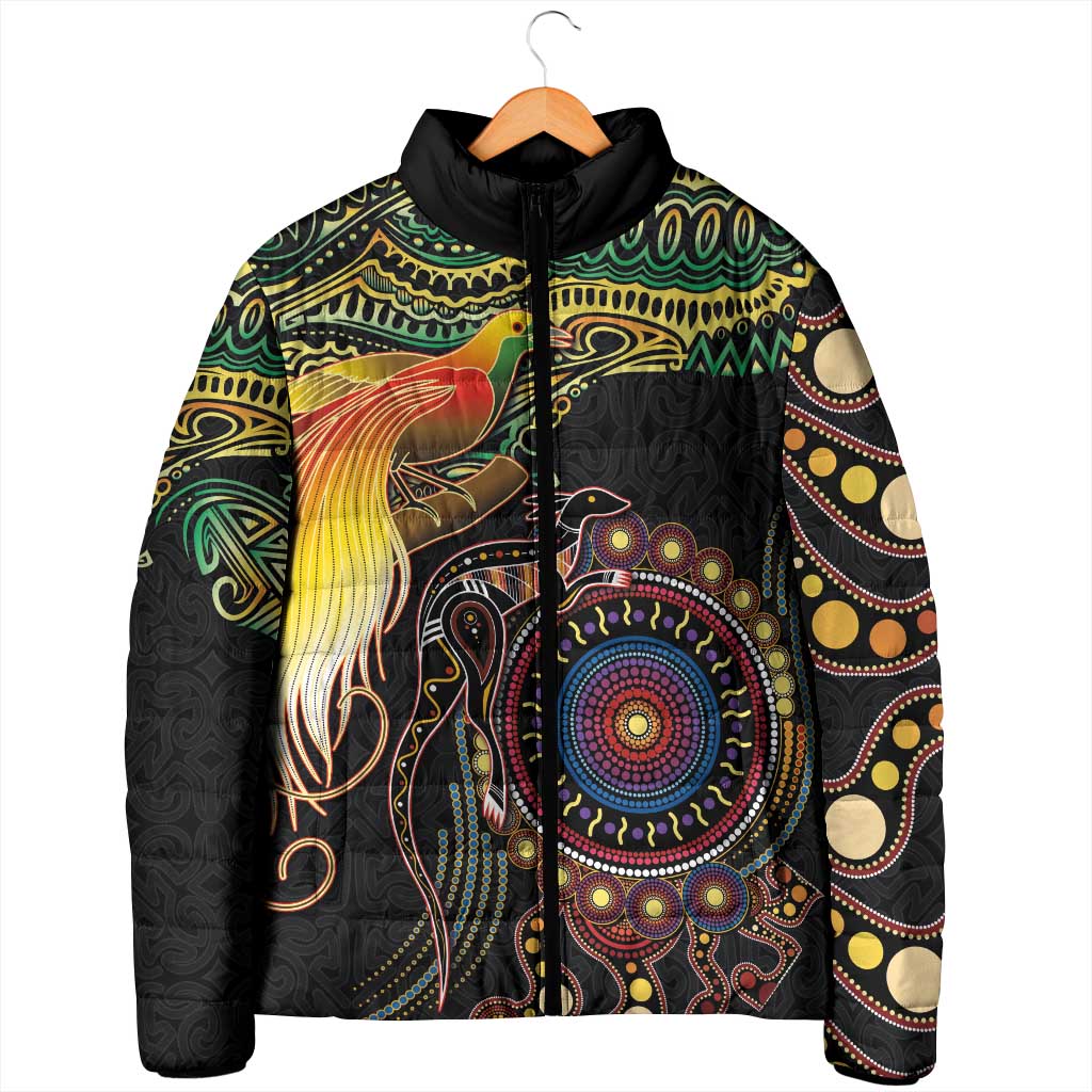 Papua New Guinea and Australia Together Padded Jacket Bird of Paradise and Kangaroo Melanesian Aboriginal Motifs - Polynesian Pride