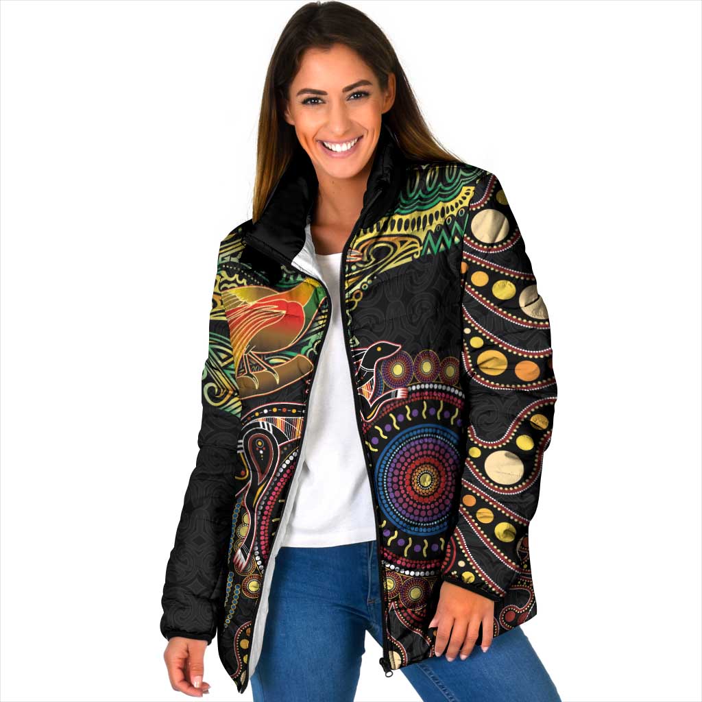 Papua New Guinea and Australia Together Padded Jacket Bird of Paradise and Kangaroo Melanesian Aboriginal Motifs - Polynesian Pride