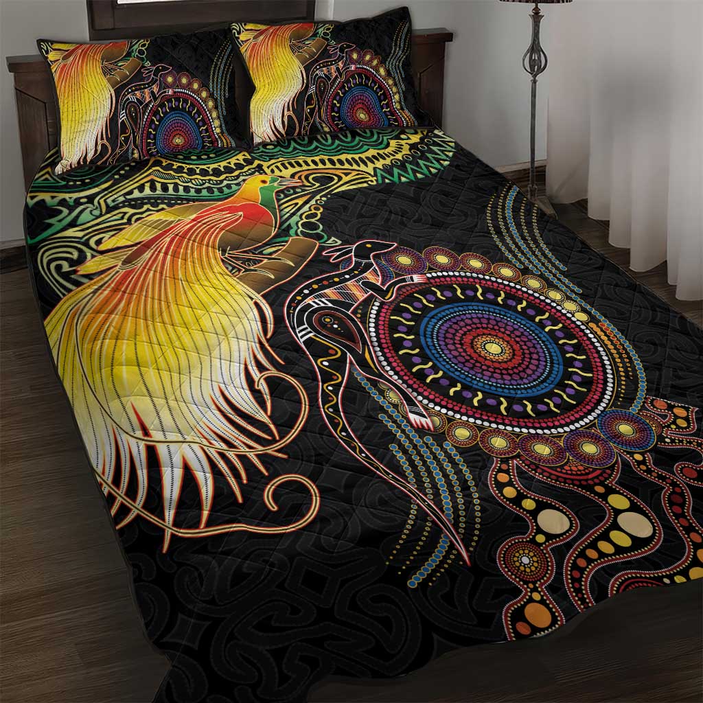 Papua New Guinea and Australia Together Quilt Bed Set Bird of Paradise and Kangaroo Melanesian Aboriginal Motifs - Polynesian Pride
