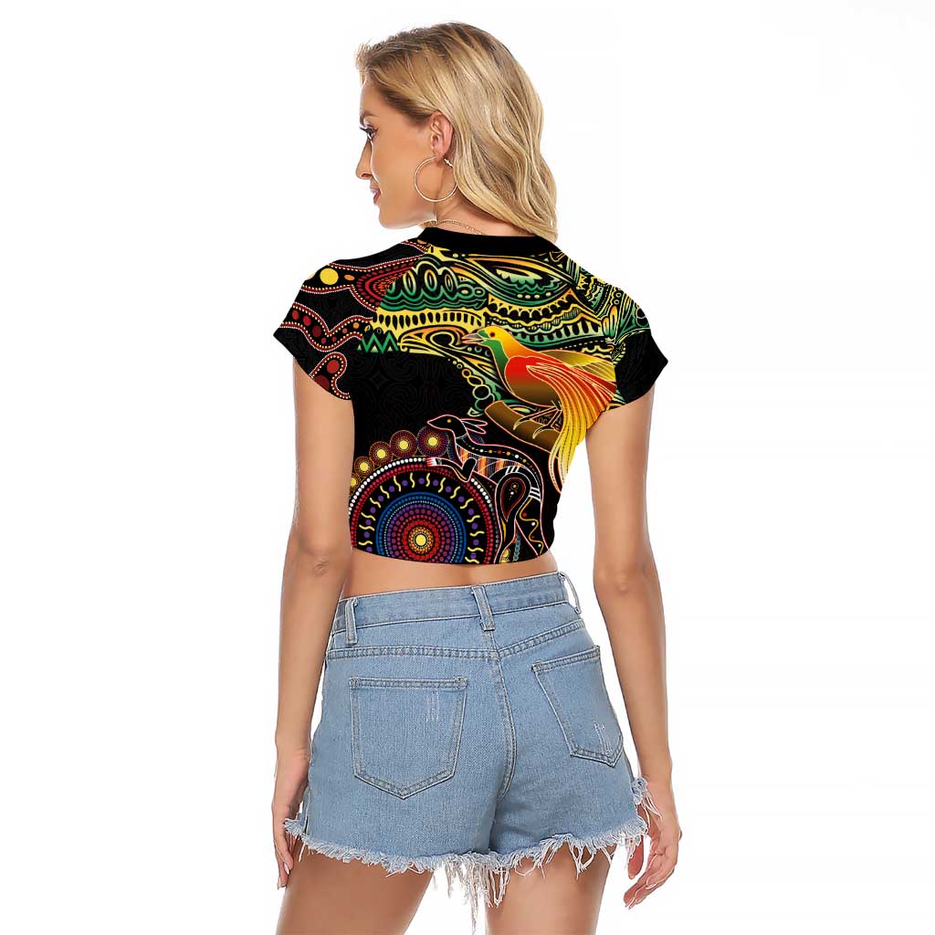 Papua New Guinea and Australia Together Raglan Cropped T Shirt Bird of Paradise and Kangaroo Melanesian Aboriginal Motifs - Polynesian Pride