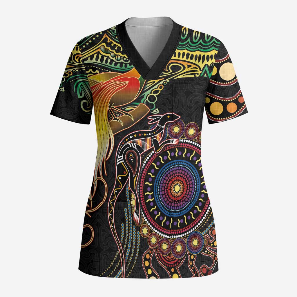Papua New Guinea and Australia Together Scrub Top Bird of Paradise and Kangaroo Melanesian Aboriginal Motifs - Polynesian Pride