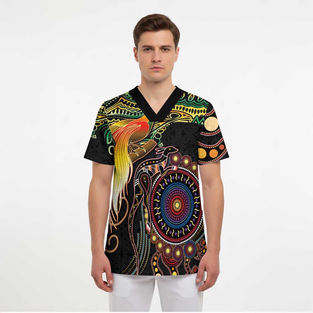 Papua New Guinea and Australia Together Scrub Top Bird of Paradise and Kangaroo Melanesian Aboriginal Motifs - Polynesian Pride