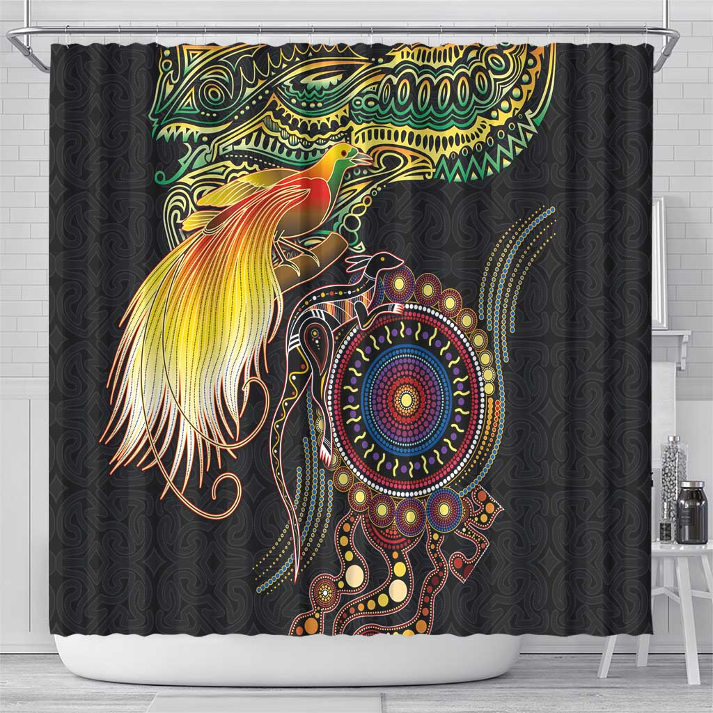 Papua New Guinea and Australia Together Shower Curtain Bird of Paradise and Kangaroo Melanesian Aboriginal Motifs - Polynesian Pride
