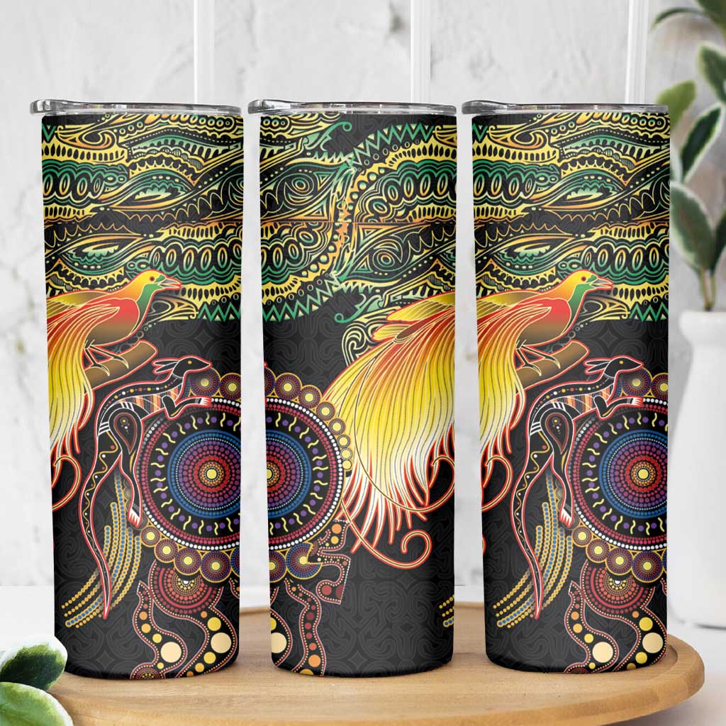 Papua New Guinea and Australia Together Skinny Tumbler Bird of Paradise and Kangaroo Melanesian Aboriginal Motifs - Polynesian Pride