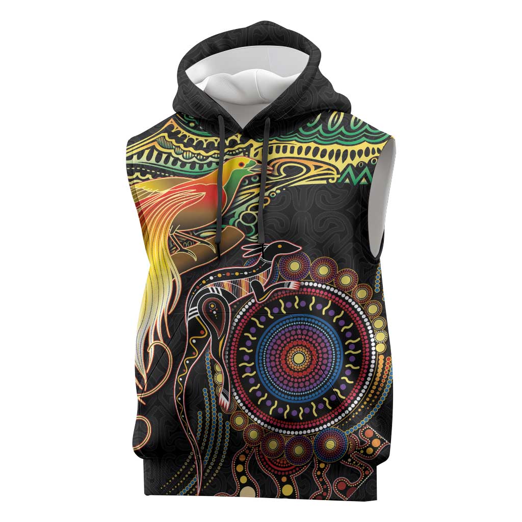 Papua New Guinea and Australia Together Sleeveless Hoodie Bird of Paradise and Kangaroo Melanesian Aboriginal Motifs - Polynesian Pride