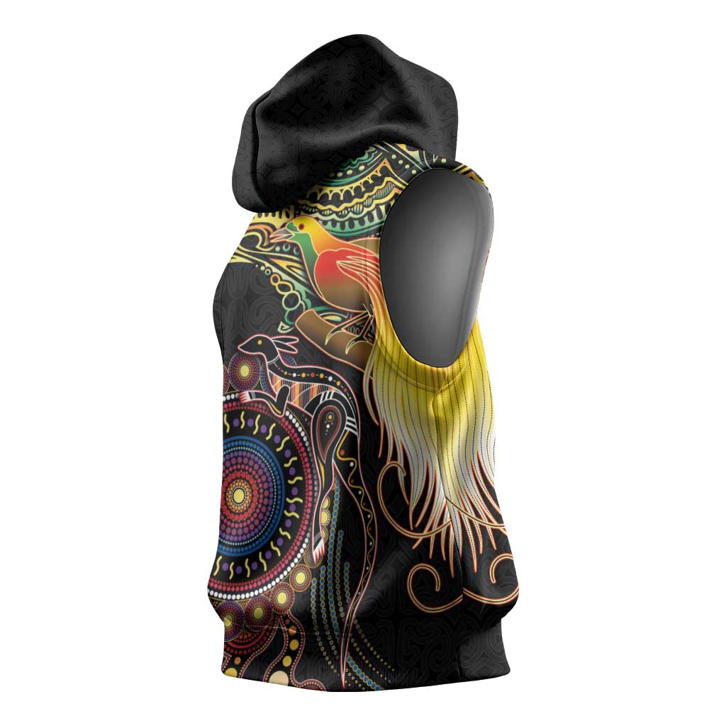 Papua New Guinea and Australia Together Sleeveless Hoodie Bird of Paradise and Kangaroo Melanesian Aboriginal Motifs - Polynesian Pride