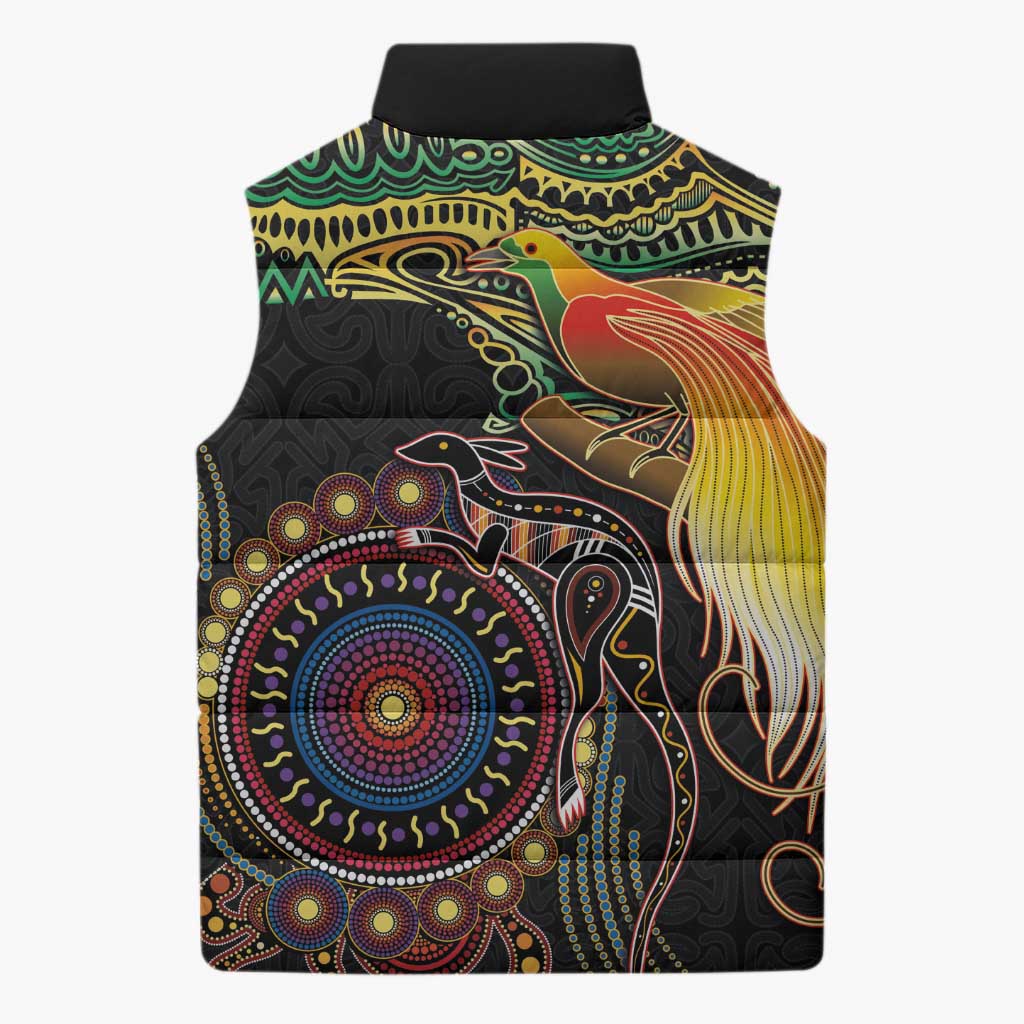 Papua New Guinea and Australia Together Sleeveless Puffer Jacket Bird of Paradise and Kangaroo Melanesian Aboriginal Motifs - Polynesian Pride