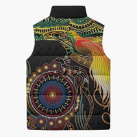 Papua New Guinea and Australia Together Sleeveless Puffer Jacket Bird of Paradise and Kangaroo Melanesian Aboriginal Motifs - Polynesian Pride