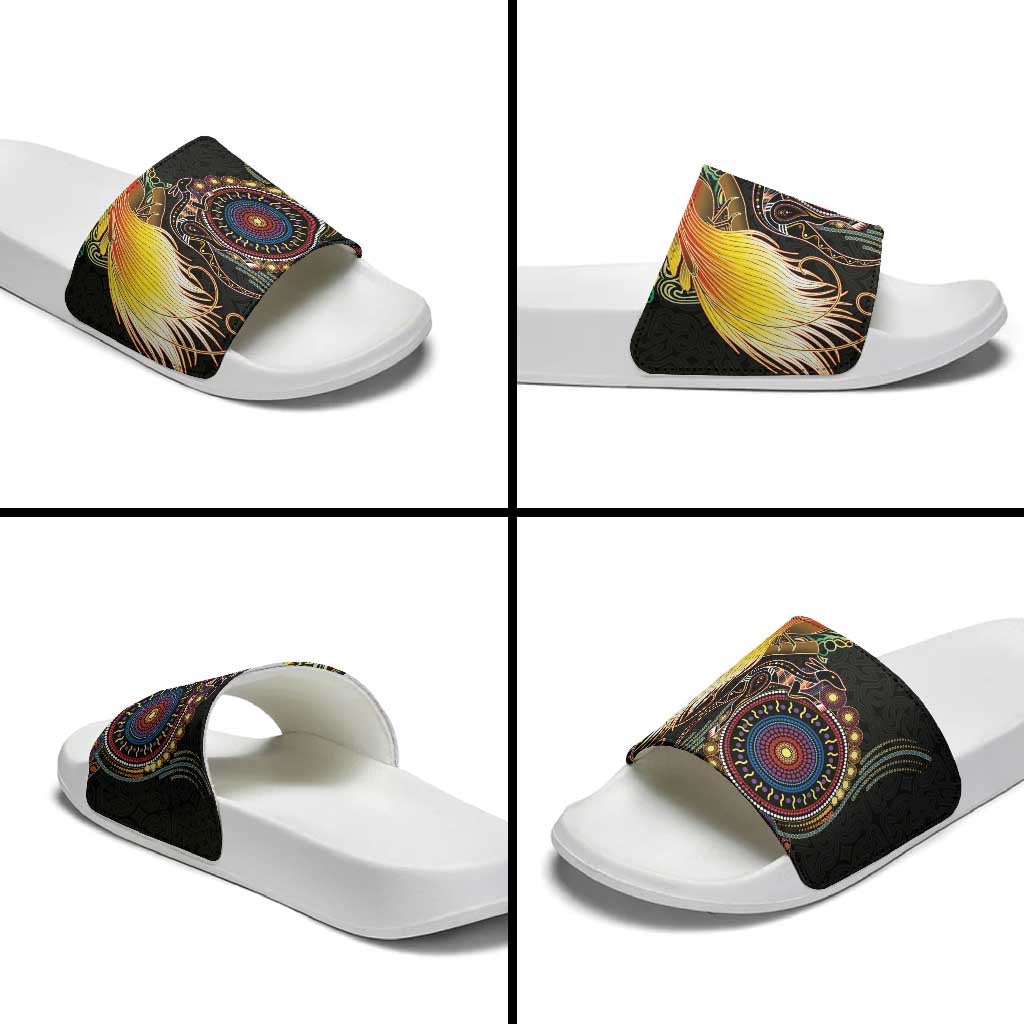 Papua New Guinea and Australia Together Slide Sandals Bird of Paradise and Kangaroo Melanesian Aboriginal Motifs - Polynesian Pride