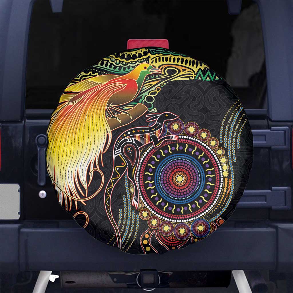 Papua New Guinea and Australia Together Spare Tire Cover Bird of Paradise and Kangaroo Melanesian Aboriginal Motifs - Polynesian Pride
