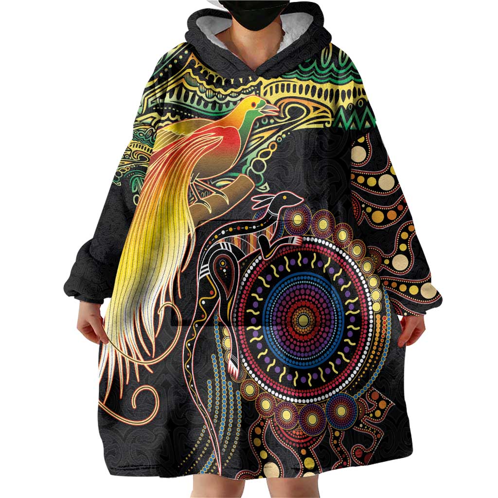 Papua New Guinea and Australia Together Wearable Blanket Hoodie Bird of Paradise and Kangaroo Melanesian Aboriginal Motifs - Polynesian Pride