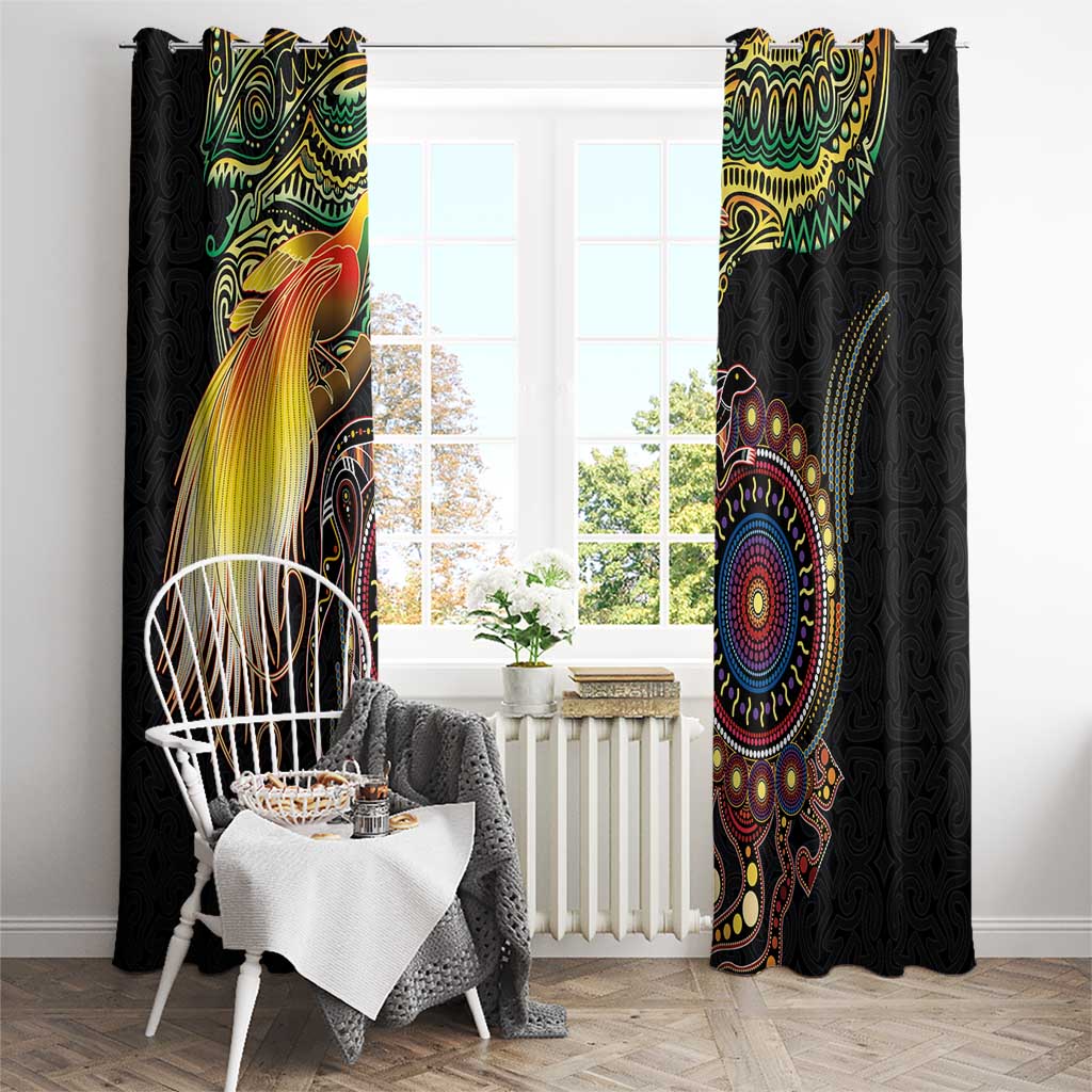 Papua New Guinea and Australia Together Window Curtain Bird of Paradise and Kangaroo Melanesian Aboriginal Motifs - Polynesian Pride