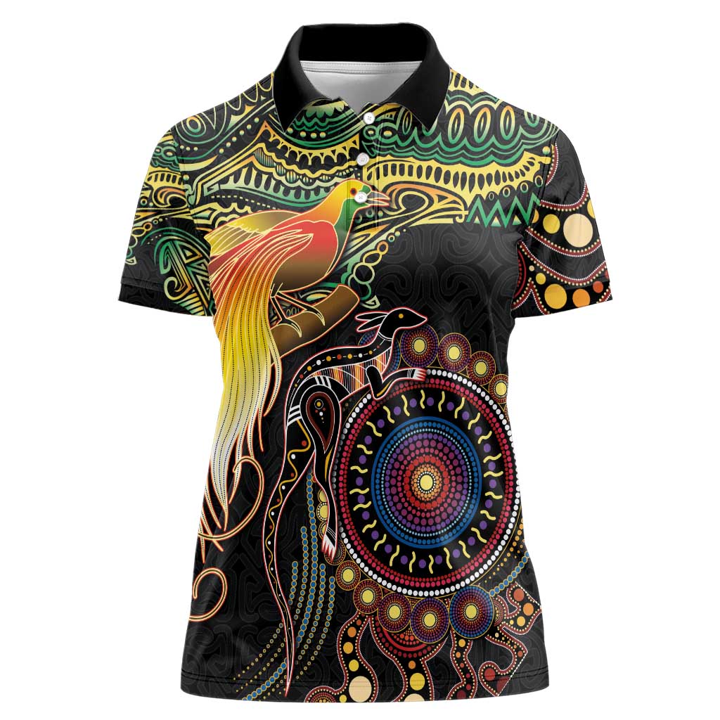 Papua New Guinea and Australia Together Women Polo Shirt Bird of Paradise and Kangaroo Melanesian Aboriginal Motifs - Polynesian Pride
